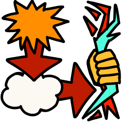 a spiky orange impact shape, with a red arrow pointing from it to a thought bubble. from the thought bubble points another red arrow, to a yellow hand holding a cyan lightning bolt and a bright red lightning bolt.